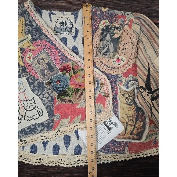 OOAK Magnolia Boho Quilted Jacket Frida Cat Bird Gypsy Patchwork Vtg INDIE sz L - Picture 5 of 16